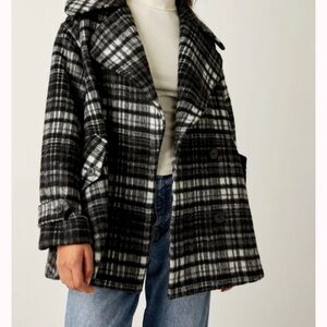 Free People Black and White Plaid Pea Coat with Notched Lapel